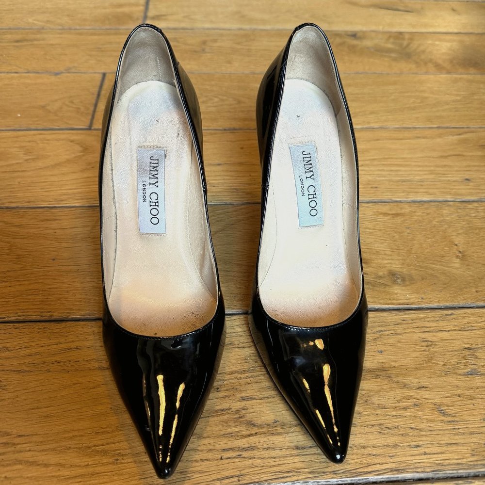 Jimmy Choo Black Patent Leather Pointed Toe Pumps 100mm